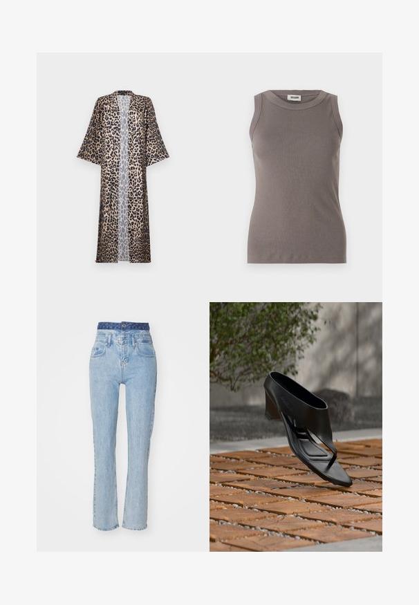 Leopardprint kimono met een relaxte pasvorm, voorzien van korte mouwen, een open voorkant en een zijdeachtige textuur. Het kleurenpalet bestaat uit zwart, bruin en beige.; Grijze geribbelde tanktop met een ronde halslijn en mouwloos ontwerp, gemaakt van een zachte, gestructureerde stof. Eenvoudige, getailleerde silhoutte.; Lichtblauwe spijkerbroek met een hoge taille, licht uitlopende pijpen en een gestreepte blauwe tailleband. Voorzien van zakken aan de voorkant en een knoopsluiting.; Zwarte sandaal met hoge hak en teenslipperbandje, zwevend boven een patroon van houten en grind buitenoppervlak met vage begroeiing en een muur op de achtergrond.