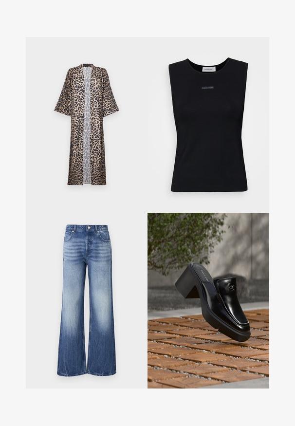 Kimono s leopardím vzorom s uvoľneným strihom, s krátkymi rukávmi, otvoreným predným dielom a hodvábnou textúrou. Farebná paleta zahŕňa čiernu, hnedú a béžovú.; Čierny bezrukávový top vyrobený z hladkej látky. Má okrúhly výstrih a malé logo Calvin Klein na strede. Jednoduchý a priliehavý dizajn.; Svetlomodré voľné džíny vyrobené z denimu, s vysokým pásom, s vyblednutou textúrou a s logom na zadnej vrecku.; Čierne kožené šľapky Calvin Klein s blokovým podpätkom, ktoré oddychujú na drevených dlaždiciach vonku blízko zelenej rastliny a šedej steny.