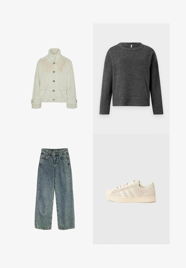 Vero Moda Faux fur VMSONJAEVA - Chaqueta de invierno - oatmeal; Suéter de punto gris oscuro con cuello redondo y mangas largas. Presenta puños y dobladillo acanalados, hecho de una tela suave y texturizada.; Jeans de mezclilla de tiro ancho en azul claro con diseño de cinco bolsillos, trabillas para cinturón y costuras en contraste. La tela parece ligeramente desgastada.; Zapatilla deportiva de ante beige con puntera de goma crema, tres franjas blancas en el lateral y cordones tono sobre tono. Presenta una suela texturizada y un cuello acolchado.