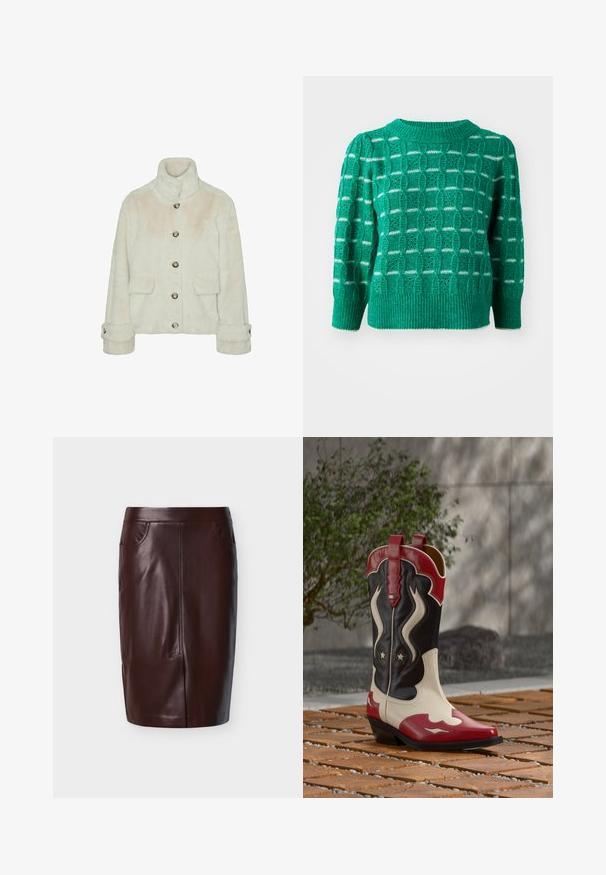 Vero Moda Faux fur VMSONJAEVA - Winterjacke - oatmeal; Grüner gestrickter Pullover mit einem offenen geometrischen Muster, geripptem Ausschnitt und Saum sowie Puffärmeln. Gestreifte Akzente in Weiß.; Brauner Leder-Bleistiftrock mit glatter Textur, zwei seitlichen Taschen und vorderer Nahtdetailierung, entworfen für eine schlanke Passform.; Roter, schwarzer und weißer Cowboy-Stiefel mit Stern- und Flammendesigns, auf einer Ziegeloberfläche platziert, mit verschwommenem Pflanzen- und Wandhintergrund.