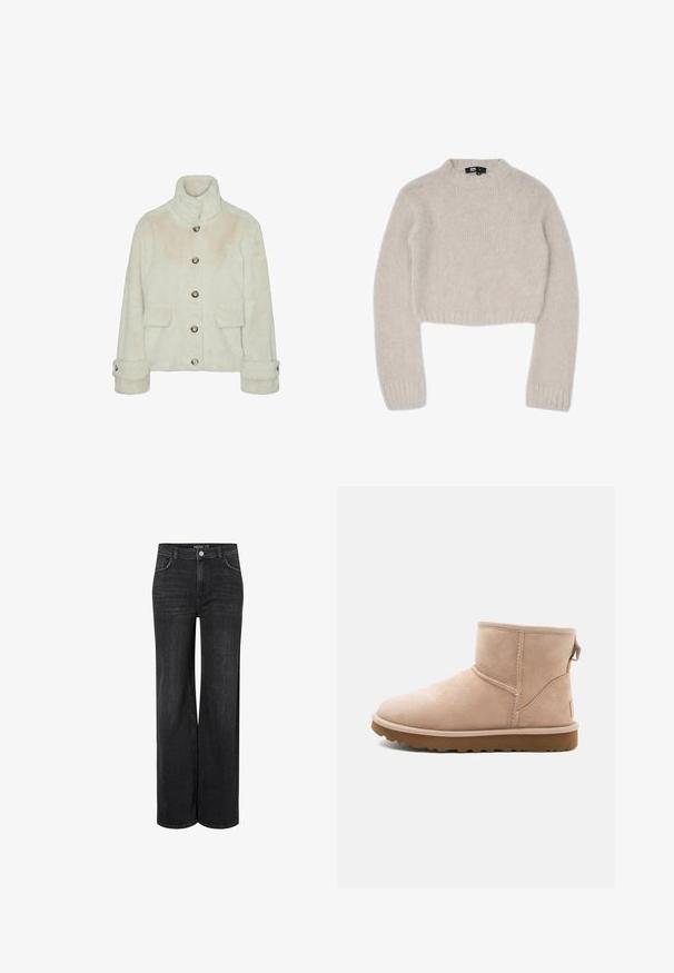 Vero Moda Faux fur VMSONJAEVA - Winterjas - oatmeal; Lichtgrijze, korte trui met een ronde halslijn, lange mouwen en geribde boorden. Gemaakt van zacht, gebreid materiaal met een gestructureerde afwerking.; Zwart denim met wijde pijpen, klassiek ontwerp met vijf zakken, sluiting met een knoop aan de voorkant en subtiele stiksels.; Beige suède enkellaars met een ronde neus, gestikte accenten en een gestructureerde bruine rubberen zool. Beschikt over een trekband aan de achterkant.