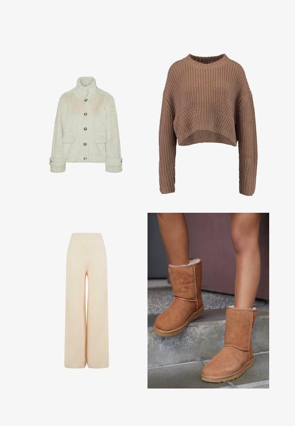 Vero Moda Faux fur VMSONJAEVA - Vinterjakker - oatmeal; Brun strikket cropped sweater med ribbet struktur, brede ærmer og rund hals. Blødt, chunky materiale med en afslappet pasform.; Cremefarvede bukser med vidde lavet af blødt stof, med elastisk talje og struktureret ribbet detalje ved ærmerne.; Brune ruskind ankelstøvler med rund tå, blødt foer og gummisål, der har synlige stikninger langs sømmene.