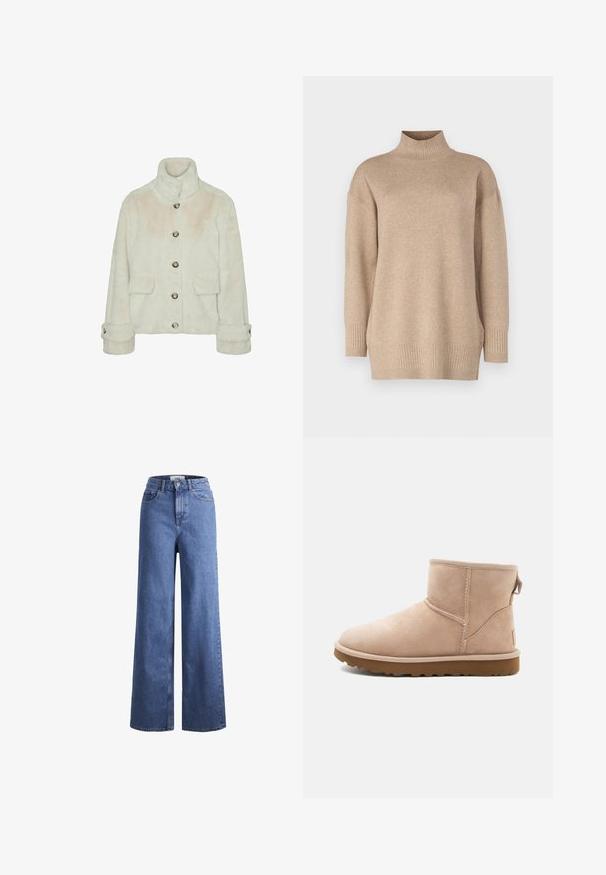 Vero Moda Faux fur VMSONJAEVA - Winterjacke - oatmeal; Beiger Rollkragenpullover mit lockerem Schnitt, gerippter Saum und Bündchen, weicher Textur und leicht abgesenkten Schultern. Hergestellt aus leichtem Material.; Helleblaue Denim-Weite-Leg-Jeans mit hoher Taille, zwei vorderen Taschen und sichtbarer Naht. Mit Knopf- und Reißverschluss.; Beige Wildleder-Ankle Boot mit runder Zehenform, gesteppten Akzenten und einer strukturierten braunen Gummisohle. Mit einem Zugband an der Rückseite.