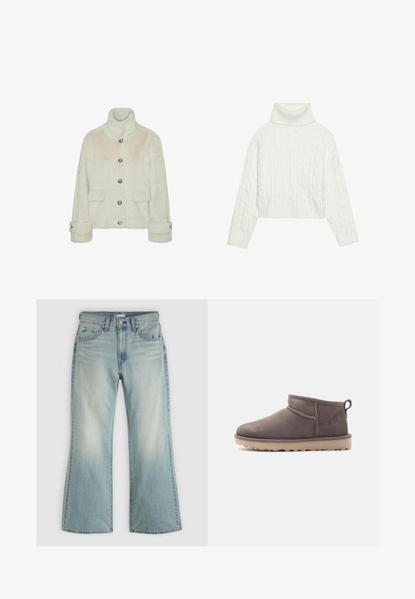 Vero Moda Faux fur VMSONJAEVA - Winterjas - oatmeal; Witte kabelgebreide coltrui met een cropped silhouet, voorzien van geribbelde manchetten en zoom. Zachte textuur met een gezellige, stevige uitstraling.; Lichtblauwe spijkerbroek met een hoge taille, knoop- en ritssluiting aan de voorkant, vijf zakken en licht uitlopende pijpen.; Lage, bruin suède instapschoen met een textuurrijke zool en trekkoord op een effen achtergrond.