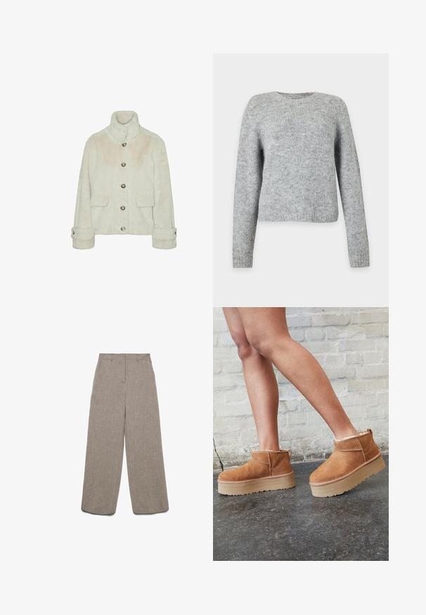 Vero Moda Faux fur VMSONJAEVA - Talvejope - oatmeal; Helehall heegeldatud kampsun pikkade varrukatega ja ümmarguse kaelusega, kuvatud ühelainsal valgel taustal.; Laiade säärega beež linased püksid, millel on vöölõhed ja ees lukuga, lame esiosa, esitletud valgel taustal.; Pruunist seemsest valmistatud pahkluu saapad, millel on pehme vooder, paks beež platvormi konts ja tagumine tõmblukk. Tekstureeritud pind nähtavate õmbluse detailidega.