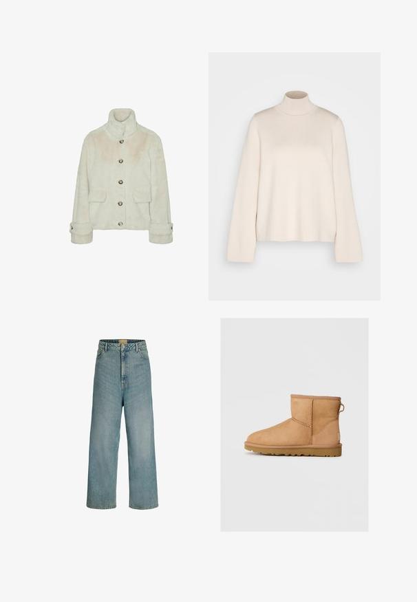 Vero Moda Faux fur VMSONJAEVA - Chaqueta de invierno - oatmeal; Jersey de cuello alto en color crema con mangas largas, confeccionado en un suave tejido de punto. Presenta un cuello ajustado y una silueta relajada. Sin patrones ni adornos visibles.; Vaqueros de pierna ancha y tiro alto en azul claro, con cierre frontal de botones, trabillas para cinturón y diseño clásico de cinco bolsillos.; Botín de ante marrón con punta redonda, detalles de costura, tirador en la parte posterior y suela de goma texturizada. Diseñado para comodidad y calidez.