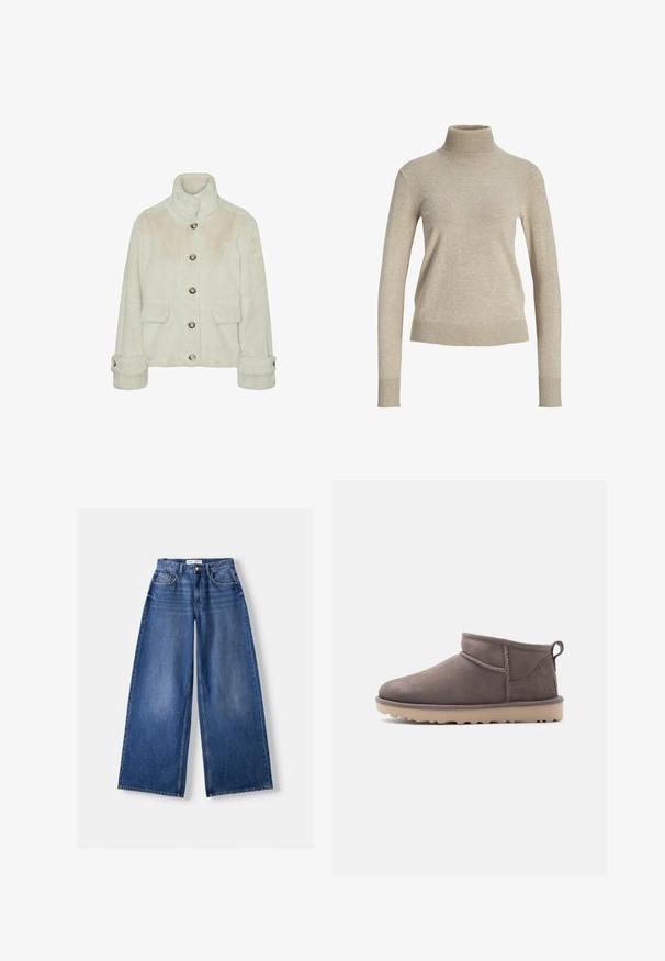 Vero Moda Faux fur VMSONJAEVA - Vinterjakker - oatmeal; Beige langærmet rullekravetrøje med ribkanter på manchetter og kant, lavet af blødt strikstof, vist på en ensfarvet hvid baggrund.; Bredbenet blå denimjeans med forlommer, bæltestropper og knaplukning, lagt fladt på en lys baggrund.; Lav brun ruskindssko med lav ankelhøjde, slidstærk sål og træksnor på en ensartet baggrund.