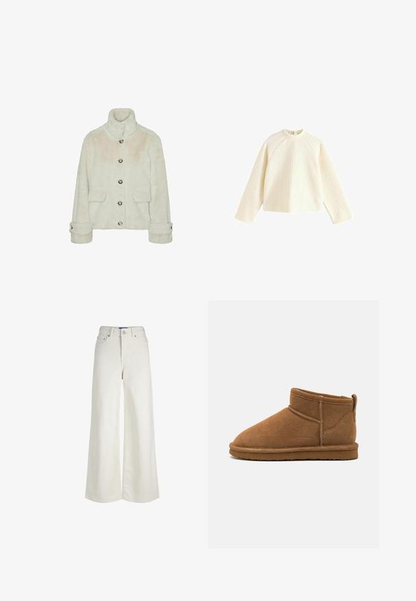 Vero Moda Faux fur VMSONJAEVA - Vinterjakker - oatmeal; Hvid, tekstureret sweater med lange raglanærmer og rund halsudskæring. Har en let cropped silhuet og en blød, ribbet finish.; Høj talje, vidde ben, hvide denimjeans med forreste knap- og lynlås-lukning, bæltestropper og lommedetaljer.; Brune ruskind ankelstøvler med rund tå, kort skaft og bagpå trækflap. Udviklet med kontrastsyninger og en flad gummisål.