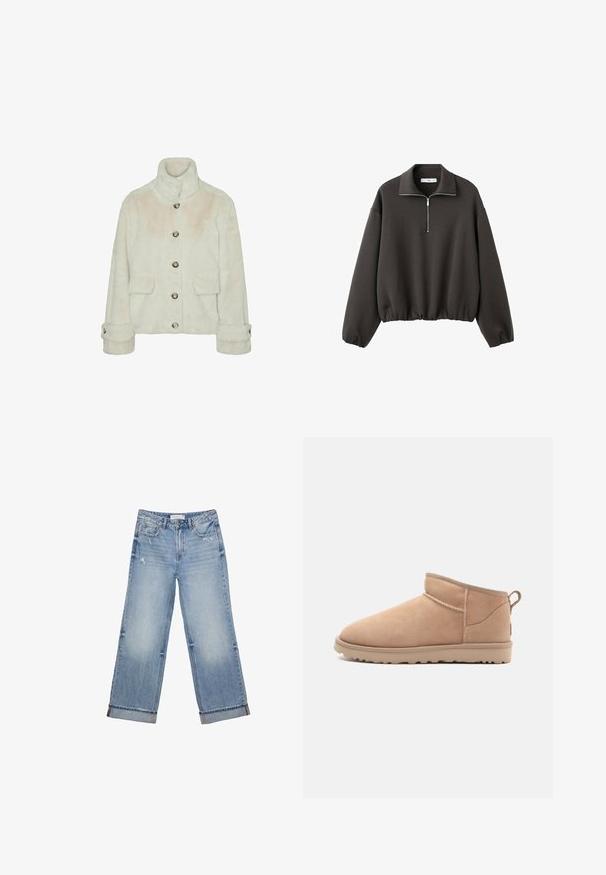 Vero Moda Faux fur VMSONJAEVA - Winterjas - oatmeal; Donkergrijze pullover met hoge kraag, korte rits aan de voorkant en elastische zoom. Zachte stof met een ontspannen, losse pasvorm.; Lichtblauwe denim jeans met een wijd uitlopend ontwerp, voorzien van een rafelige zoom, lichte slijtage en klassieke vijf-pocket styling.; Tan suède enkellaars met een afgeronde neus, zachte textuur, eenvoudig ontwerp en een laag profiel rubberen zool. Voorzien van een trekhaak aan de achterkant.