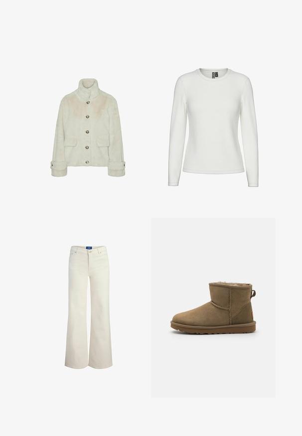 Vero Moda Faux fur VMSONJAEVA - Chaqueta de invierno - oatmeal; Camiseta blanca de manga larga y cuello redondo sobre fondo blanco liso, mostrada de frente sin patrones ni logotipos visibles.; Vaqueros de talle alto color blanco hueso con cierre de botón y cremallera en la parte delantera, diseño de cinco bolsillos y pantalones anchos de pierna recta.; Bota de tobillo de ante marrón con un forro suave y peludo, puntera redonda y un acento en forma de lazo en la parte posterior. Suela de goma plana con agarre texturizado.