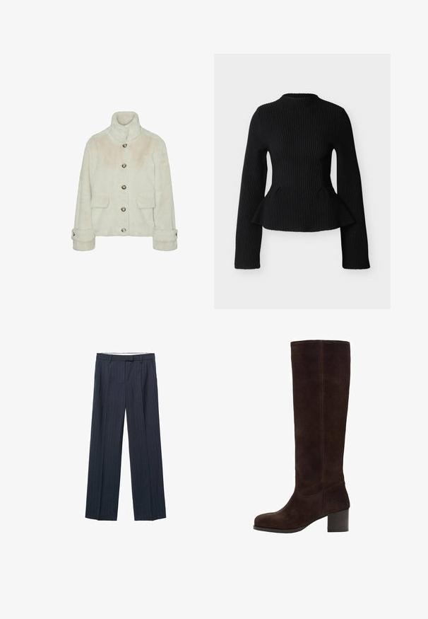 Vero Moda Faux fur VMSONJAEVA - Winterjacke - oatmeal; Schwarzes, geripptes Langarmoberteil mit tailliertem Schnitt und leicht ausgestelltem Saum, hohem Rundhalsausschnitt und strukturierter Strickware.; Marineblau gestreifte Hose, weitem Bein, maßgeschneidertes Design, Falten vorne, Gürtelschlaufen und ein Reißverschluss. Glatte Stofftextur.; Brauner kniehoher Stiefel aus Wildleder mit quadratischer Zehenpartie, Blockabsatz und vertikaler Steppnaht. Weiche Textur und glattes Aussehen.
