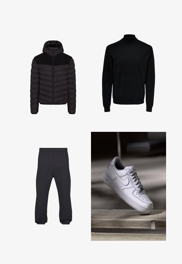 Schwarze Pufferjacke mit Kapuze, ausgestattet mit einem strukturierten schwarzen Stoffpanel auf den Schultern, Reißverschluss und horizontalem Steppmuster.; Schwarzer Rollkragenpullover aus weichem Stoff, mit langen Ärmeln, gerippten Bündchen und Saum, einem anliegenden Kragen und glatter Textur.; Schwarze Jogginghose mit elastischem Bund und elastischen Bündchen, aus weichem, glattem Stoff, flach von vorne dargestellt.; Weißer Nike Air Force 1 Sneaker aus Leder mit perforierter Zehenpartie, flachen Schnürsenkeln und strukturierter Gummisohle mit "AIR"-Branding an der Seite.