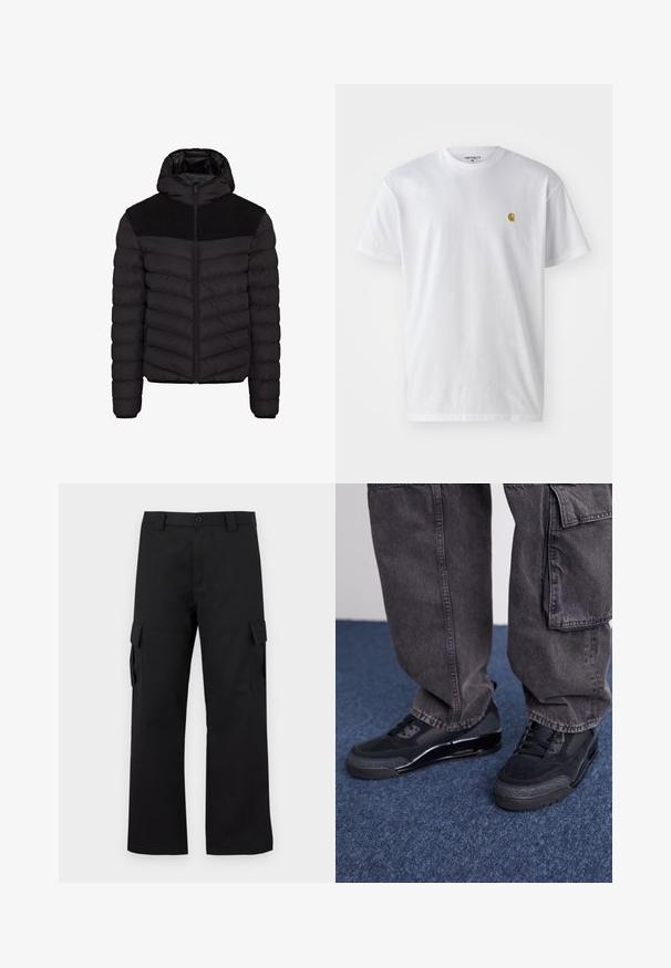 Doudoune noire avec capuche, dotée d'un panneau de tissu noir texturé sur les épaules, fermeture éclair et motif matelassé horizontal.; T-shirt en coton blanc à manches courtes, col rond, avec un petit logo doré sur la poitrine gauche. Texture douce et coupe régulière.; Pantalons cargo noirs avec une coupe droite. Fabriqués à partir d'un tissu durable, ils disposent de deux poches latérales avec fermetures à rabat et d'un zip à bouton.; Des chaussures de sport noires avec une surface texturée, des accents lisses et une semelle épaisse, accompagnées de pantalons cargo larges et foncés.