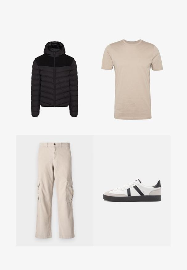 Sort pufferjakke med hætte, der har et struktureret sort stofpanel på skuldrene, lynlåslukning og horisontal quiltet mønster.; Beige bomulds t-shirt, korte ærmer, rund hals, glat tekstur, sømløst design, letvægtsstof, ingen synlige logoer eller mønstre.; Beige corduroy cargo bukser med to sidelommer, en knaplukning og en bred benklip; har lodret ribbet tekstur.; Hvide sneakers med sorte og grå detaljer, med en tekstureret grå tåhætte, sort gummisål og flade hvide snørebånd. Rent design, minimalistisk stil.