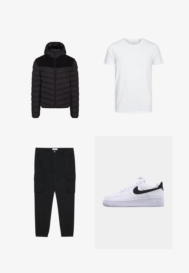 Sort pufferjakke med hætte, der har et struktureret sort stofpanel på skuldrene, lynlåslukning og horisontal quiltet mønster.; Rundhals kortærmet t-shirt i ensfarvet hvid, lavet af blød bomuld, har et simpelt design uden synlige mønstre eller detaljer.; Sorte cargo-bukser med lige ben, elastiske manchetter og flere side lommer. Lavet af tekstureret stof med knaplukning.; Hvide lædersneakers med en struktureret sort Swoosh, flade snørebånd og en gummisål med et rillemønster. "AIR" er præget på hælen.