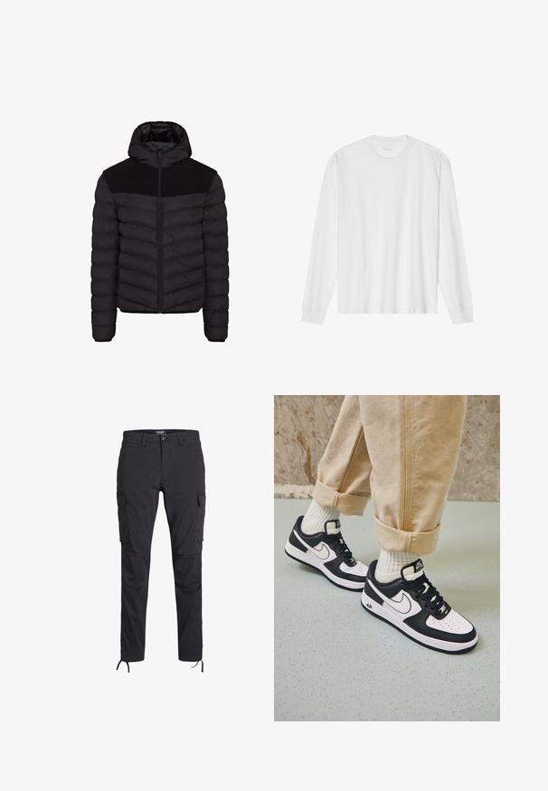 Chaqueta acolchada negra con capucha, con un panel de tela texturizada negra en los hombros, cierre de cremallera y patrón de acolchado horizontal.; Camiseta blanca de algodón de manga larga con cuello redondo, con puños acanalados y dobladillo recto, textura suave y diseño minimalista.; Pantalones cargo negros hechos de tela ligera, con múltiples bolsillos laterales y puños ajustables con cordón para un ajuste personalizado.; Zapatillas Nike Air Force 1 en blanco y negro con parte superior de cuero, puntera perforada y detalle de suela texturizada, combinadas con pantalones beiges remangados y calcetines blancos.