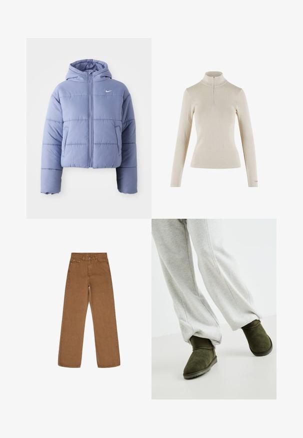 Chaqueta acolchada recortada en un suave color lavanda, con capucha, cierre frontal y costuras horizontales. Bolsillo en el lado izquierdo y acento del logo de Nike.; Top de cuello alto de mangas largas en color beige claro, fabricado en tejido acanalado, con cierre de cremallera de un cuarto en el cuello y diseño ajustado.; Pantalones de mezclilla marrones de pierna ancha con una cintura alta, cinco bolsillos y cierre de botón metálico. La textura de la tela parece suave con un acabado mate.; Botas de ante verdes hasta el tobillo con punta redondeada y suela de goma baja, combinadas con pantalones de chándal grises, que presentan un ajuste relajado y puños elásticos.