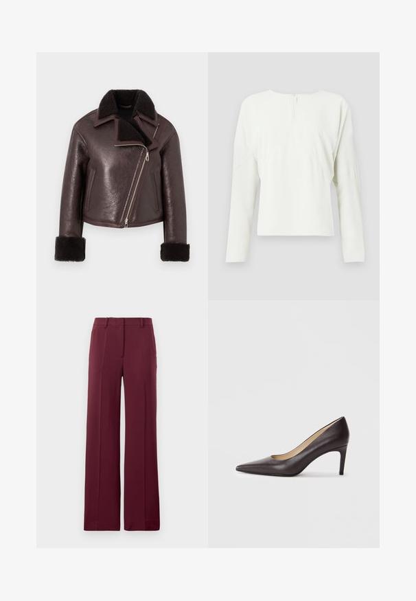 Bruine leren cropped jas met een nep bontkraag, ritssluiting en schapenwollen manchetten. Voorzien van een asymmetrisch ontwerp en een gestructureerde afwerking.; Witte langemouwen top met een ronde hals en een rits aan de achterkant. Heeft een losse pasvorm en subtiele naaddetails, gemaakt van een soepele stof.; Bordeaux wijde pijpen broek gemaakt van een gladde stof, met een rechte voorkant, riemlussen en een op maat gemaakte uitstraling met geplooide details.; Bruine leren pumps met een spits toelopende neus en een slanke hak van 7 cm, met een glad oppervlak en minimalistisch ontwerp. Zonder zichtbare versieringen.