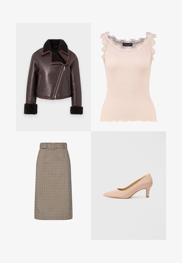 Bruine leren cropped jas met een nep bontkraag, ritssluiting en schapenwollen manchetten. Voorzien van een asymmetrisch ontwerp en een gestructureerde afwerking.; Geribbelde, lichtbeige tanktop met kantafwerking langs de halslijn en schouders, met een slim fit en golvende randen.; Bruine en beige geruite kokerrok met een hoge taille, riemlussen, een ronde gesp en een rechte silhouet. Gemaakt van een katoenmix.; Puntige, gepatenteerde roze hoge hak met een lage hak, met een gladde, glanzende afwerking en een subtiele open V-vormige snit aan de voorkant.