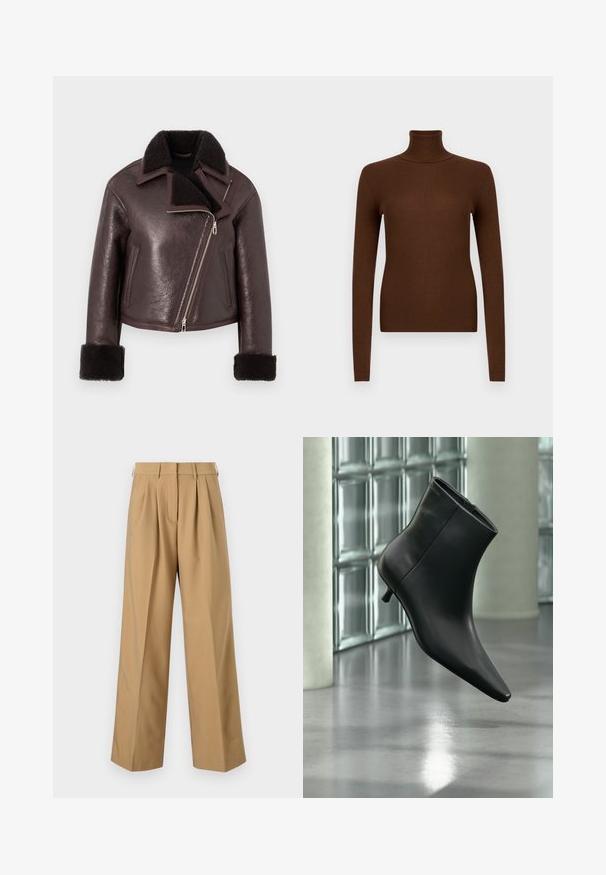 Bruine leren cropped jas met een nep bontkraag, ritssluiting en schapenwollen manchetten. Voorzien van een asymmetrisch ontwerp en een gestructureerde afwerking.; Bruine geribbelde coltrui met lange mouwen, met een hoge hals en een aansluitend ontwerp, gemaakt van een zachte, rekbare stof.; Beige katoenen broek met een hoge taille, geplooide voorkant, wijde pijpen en een gladde textuur. Voorzien van een standaard tailleband en riemlussen.; Zwarte leren enkellaars met spits toelopende neus en lage kittenhak, schuin weergegeven tegen een gepolijste vloer en een glazen blokken muur als achtergrond.