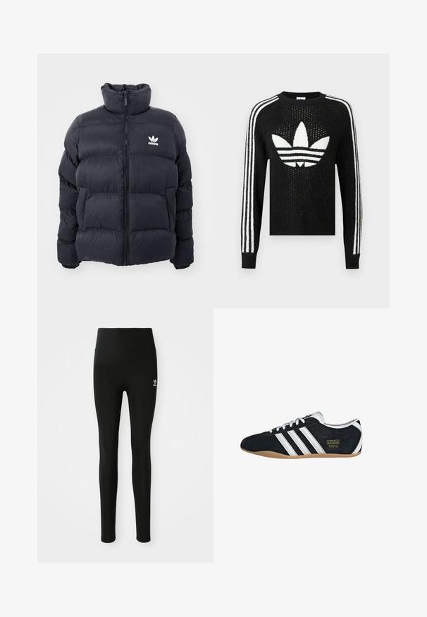 Morská prešívaná bunda s vysokým golierom, zipsom a bielym logom Adidas na hrudi. Obsahuje prešívané panely a hladkú, lesklú textúru.; Čierny pletený sveter s bielym logom Adidas trefoil a tromi bielymi pruhmi na každom rukáve. Textúrovaná tkanina s miernym leskom.; Čierne legíny vyrobené z elastického materiálu s vysokým pásom, s malým bielym logom Adidas na ľavom stehne. Hladká textúra.; Čierne semišové tenisky s bielymi tromi pruhmi, zlatým logom a hnedou gumovou podrážkou. Disponujú nízkym šnurovacím dizajnom.