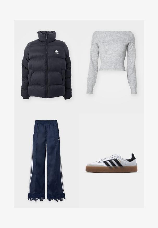Tummansininen puffer-takki, jossa on korkea kaulus, vetoketjusuljenta ja valkoinen Adidas-logo rinnassa. Takissa on ommeltuja paneeleja ja sileä, kiiltävä pinta.; Weekday LOLO OFF SHOULDER - Neule - grey melange; Laajalahkeiset tummansiniset verkkarit valkoisilla sivuraitoja, joustavalla vyötäröllä, adidas-logo lonkassa ja pitsikoriste helmassa.; Valkoiset nahkakengät, joissa on mustat raidat, kumipohja, pyöreä varvas, nauhakiinnitys ja pehmeä harmaa mokkanahkakärki.