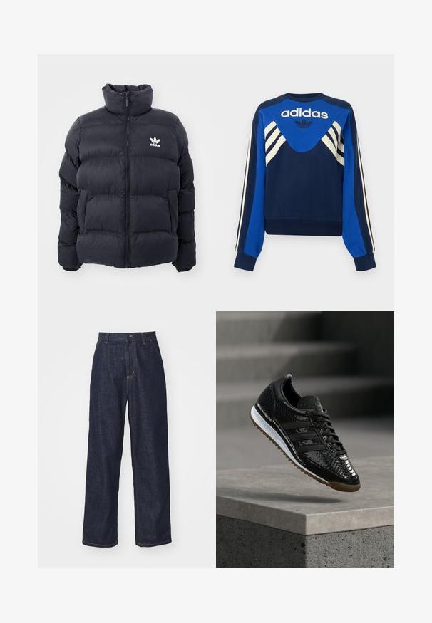 Marineblaues Puffer-Jackett mit hohem Kragen, Reißverschluss und weißem Adidas-Logo auf der Brust. Verfügt über gestickte Paneele und eine glatte, glänzende Textur.; Marineblaue und blaue Adidas Sweatshirt mit weißen Streifen an Ärmeln und Brust, mit Adidas Logo und Trefoil-Design auf der Vorderseite.; Dunkelblaue gerade geschnittene Jeans mit Gürtelschlaufen, Frontknopf und Seitentaschen auf einem weißen Hintergrund.; Schwarzer glänzender Sneaker mit strukturiertem Muster, schwarzen Schnürsenkeln, weißer Zwischensohle und brauner Außensohle, präsentiert über einer Betonkante.