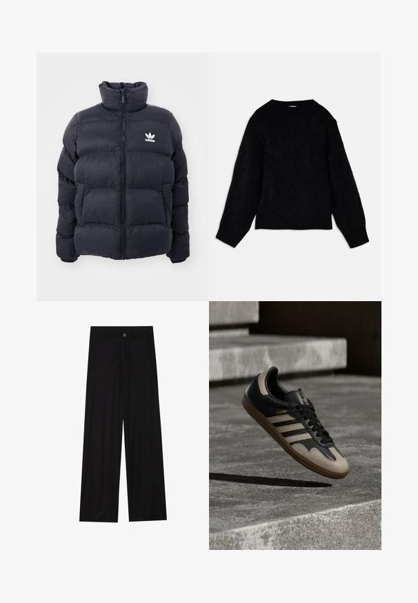 Marineblauwe pufferjack met hoge kraag, ritssluiting en wit Adidas-logo op de borst. Beschikt over gestikte panelen en een gladde, glanzende textuur.; Zwarte gebreide trui met een gestructureerde, zachte afwerking. Voorzien van lange mouwen en een ronde hals, met een licht cropped model.; Zwarte wijde broek van een gladde stof, met zijzakken en een knoopsluiting bij de taille. Minimalistisch ontwerp zonder patronen.; Zwarte en beige leren sneaker met drie witte strepen, een beige rubberen zool en gouden "Samba"-details aan de zijkant.