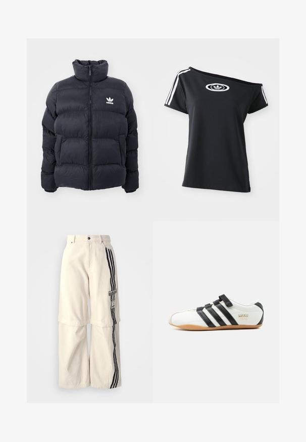 Marinblå puffjakke med høj krave, lynlås lukning og hvid Adidas-logo på brystet. Har syede paneler og en glat, blank overflade.; Sort off-shoulder T-shirt med korte ærmer, med hvidt Adidas-logo og tre hvide striber langs skuldrene. Glat stoftekstur.; Beige brede bukser lavet af bomuld, prydet med en sort tre-stribedesign ned ad siden og et Adidas-logo-patch på låret.; Hvid Adidas Tokyo sneaker med sorte striber, sorte velcro-stropper og gummisål, vist fra siden på en hvid baggrund.