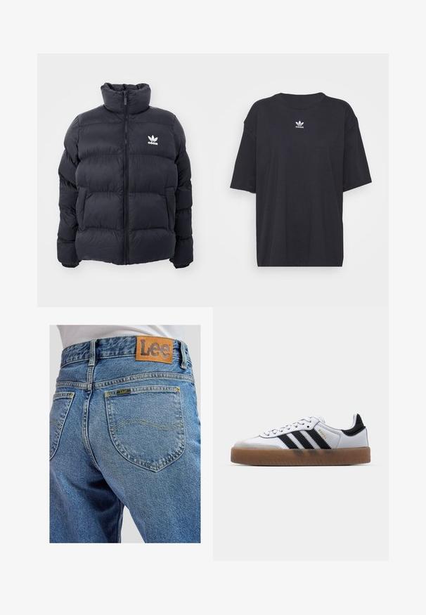 Marinblå puffjakke med høj krave, lynlås lukning og hvid Adidas-logo på brystet. Har syede paneler og en glat, blank overflade.; Sort bomulds t-shirt med korte ærmer, rund halsudskæring, med et hvidt Adidas-logo på brystet. Enkel design, afslappet pasform.; Blå denimbukser med baglommer med gule syninger og et brunt lædermærke med Lee-brand på linningen.; Hvide lædersneakers med sorte striber, gummirubber sål, rund tå, snørelukning og blød grå ruskinds tåhætte.