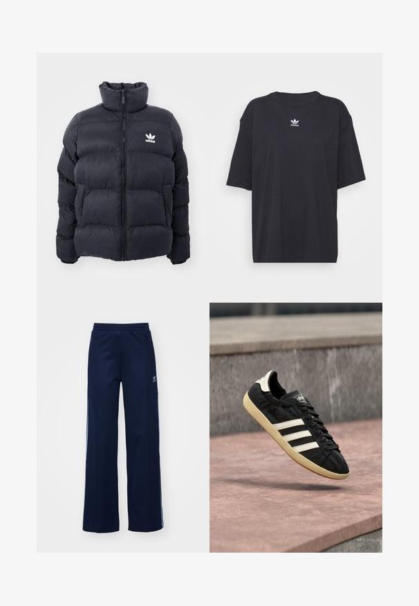Marineblauwe pufferjack met hoge kraag, ritssluiting en wit Adidas-logo op de borst. Beschikt over gestikte panelen en een gladde, glanzende textuur.; Zwarte katoenen T-shirt met korte mouwen, ronde halslijn, voorzien van een wit Adidas-logo op de borst. Eenvoudig ontwerp, comfortabele pasvorm.; Marineblauwe katoenen joggingsbroek met een brede pijpdesign, elastische tailleband en ritszakken, voorzien van witte zijstrepen en logo-detail.; Zwarte Adidas sneaker met witte strepen en beige zool, vastgelegd in de lucht boven een stenen oppervlak en een stenen muur op de achtergrond.