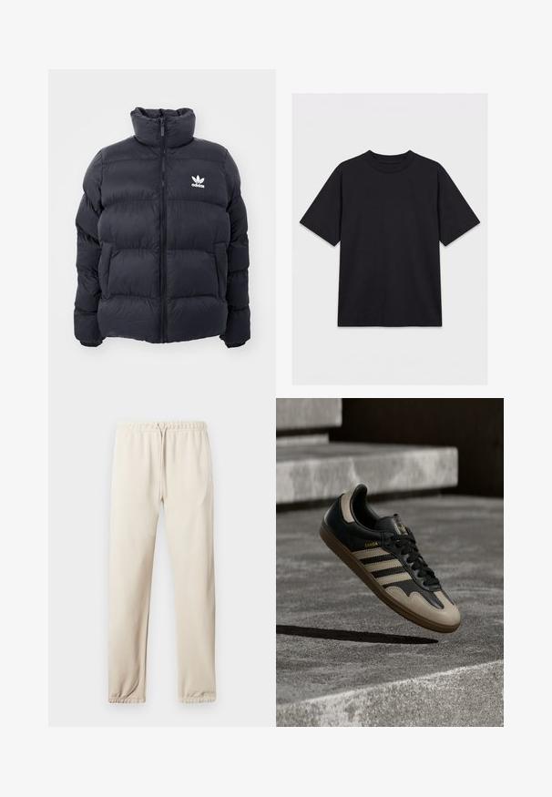 Marineblauwe pufferjack met hoge kraag, ritssluiting en wit Adidas-logo op de borst. Beschikt over gestikte panelen en een gladde, glanzende textuur.; Zwart T-shirt met korte mouwen en ronde hals, plat gelegd op een witte achtergrond, vooraanzicht zonder zichtbare logo's of ontwerpen.; Lichtbeige joggers met een elastische tailleband, verstelbaar trekkoord en geribbelde enkels. Heeft een klein logo aan de zijkant. Zachte stoftextuur.; Zwarte en beige leren sneaker met drie witte strepen, een beige rubberen zool en gouden "Samba"-details aan de zijkant.