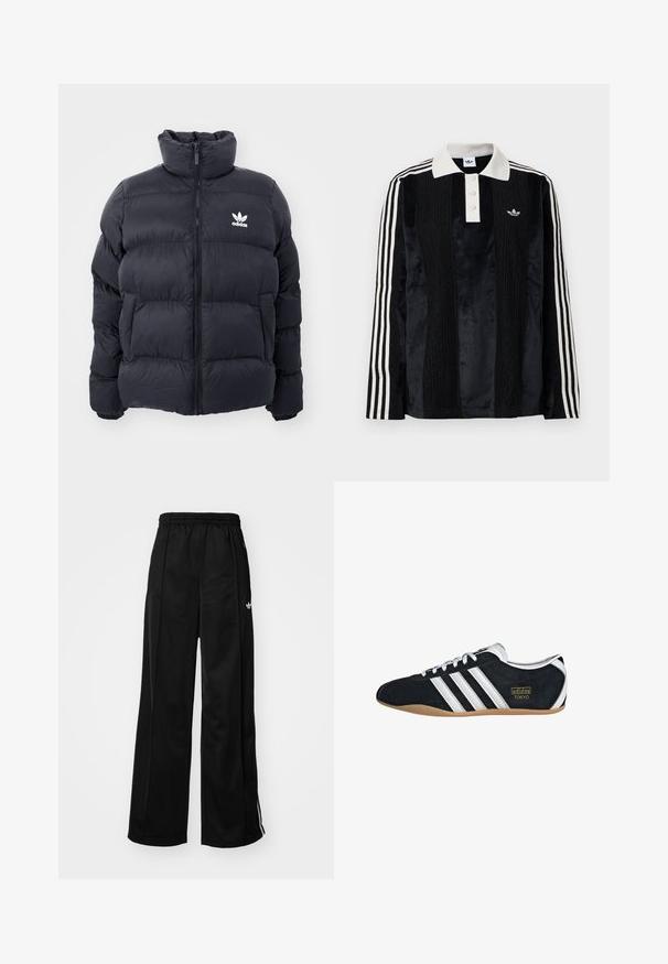 Marinblå puffjakke med høj krave, lynlås lukning og hvid Adidas-logo på brystet. Har syede paneler og en glat, blank overflade.; Sort fløjl langærmet polo shirt med en hvid ribbestrikket krave, tre knapper, struktureret front og tre hvide striber på hver ærme.; Sorte brede træningsbukser med elastisk talje, prydet med hvide side-striber og et lille logo på venstre hofte. Glat stofstruktur.; Sort ruskinds sneaker med hvide tre striber, guldlogo og en brun gummisål. Har et lavprofil snørebåndsdesign.