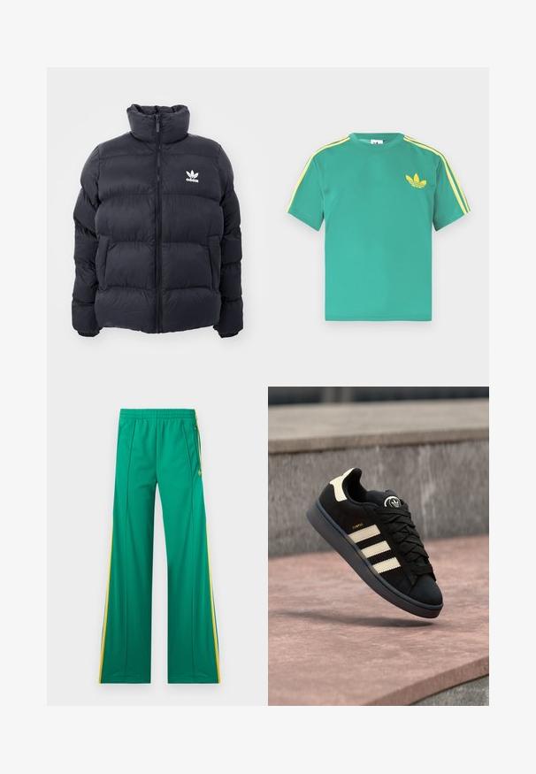 Marineblauwe pufferjack met hoge kraag, ritssluiting en wit Adidas-logo op de borst. Beschikt over gestikte panelen en een gladde, glanzende textuur.; Groen katoenen T-shirt met korte mouwen, met gele strepen langs de schouders en een geborduurd logo van drie bladeren op de borst.; Groene trainingsbroeken met gele zijstrepen, een elastische tailleband en ritszakken, plat weergegeven tegen een witte achtergrond.; Zwarte suède sneaker met drie beige strepen, ronde logo op de tong, platte veters en een gewatteerde zool, met het label "CAMPUS".