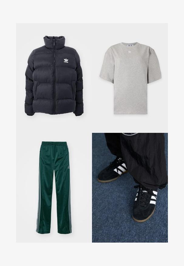 Marineblauwe pufferjack met hoge kraag, ritssluiting en wit Adidas-logo op de borst. Beschikt over gestikte panelen en een gladde, glanzende textuur.; Lichtgrijs Adidas T-shirt met korte mouwen, ronde hals en klein wit Adidas-logo op de borst, weergegeven op een effen achtergrond.; Donkergroene sportbroeken van glanzend materiaal, met zijstrepens in lichtgrijs en een geborduurd logo op het linkerbeen.; Zwarte suède sportschoenen met drie witte strepen en zwarte veters. Een gestructureerde zwarte broek is deels zichtbaar naast de schoenen.