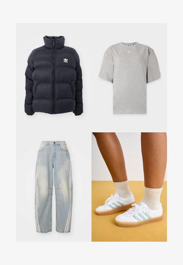 Marinblå puffjakke med høj krave, lynlås lukning og hvid Adidas-logo på brystet. Har syede paneler og en glat, blank overflade.; Lysegrå Adidas T-shirt med korte ærmer, rund hals og lille hvid Adidas-logo på brystet, vist på en ensfarvet baggrund.; Lyseblå denimjeans med løs pasform, der har hvide striber ned langs siderne, slidte detaljer og knaplukning i taljen.; Hvite sneakers med mintgrønne striber, gummisål og snørebånd, parret med ribbede cremefarvede sokker. Sat mod en gul baggrund.