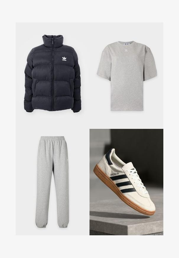 Tumesine puffer jope kõrge kraega, lukuga ja valge Adidas'i logoga rinnal. Omab õmmeldud paneele ja siledat, läikivat tekstuuri.; Helehall Adidas lühikeste varrukatega t-särk, ümara kaelusega ja väikese valge Adidas logoga rinnal, esitatud lihtsal taustal.; Heledat hallid dressipüksid elastse vöökohaga ja mansettidega, küljetaskud ning väike valge logo reie ülaosas.; Valge suede toss, millel on tumesinised triibud, kummist alus, tekstureeritud pealis, ümar varvas ja paelad; külgedel ja keelel on brändingu elemendid.