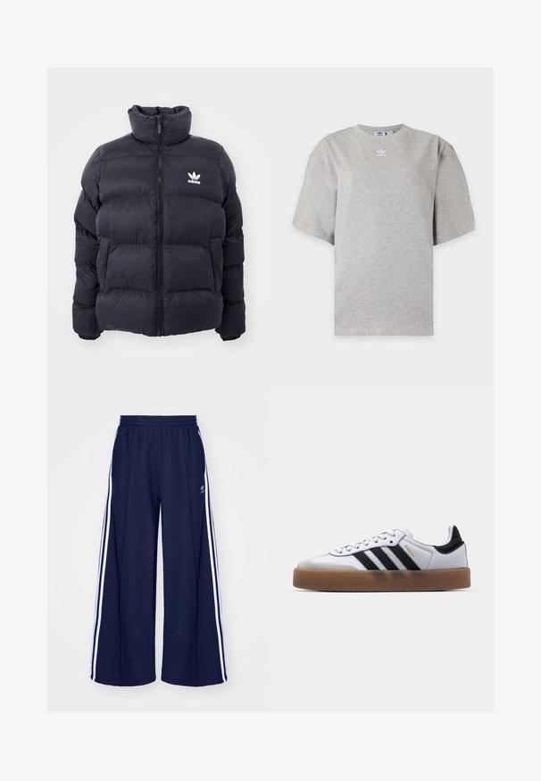 Marineblaues Puffer-Jackett mit hohem Kragen, Reißverschluss und weißem Adidas-Logo auf der Brust. Verfügt über gestickte Paneele und eine glatte, glänzende Textur.; Hellgraues Adidas T-Shirt mit kurzen Ärmeln, Rundhalsausschnitt und kleinem weißen Adidas-Logo auf der Brust, auf schlichtem Hintergrund dargestellt.; adidas Originals PANT - Jogginghose - night indigo; Weiße Leder Sneakers mit schwarzen Streifen, Gummigummi-Außensohle, runder Zehenform, Schnürverschluss und weichem grauem Wildleder-Zehenkappe.