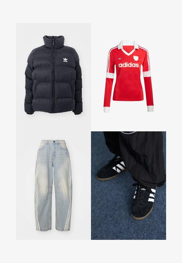 Marineblauwe pufferjack met hoge kraag, ritssluiting en wit Adidas-logo op de borst. Beschikt over gestikte panelen en een gladde, glanzende textuur.; Rode lange mouwen voetbalshirt met een witte kraag en manchetten. Heeft drie witte strepen op de schouders en het "adidas" logo prominent weergegeven.; Lichtblauwe denim jeans met een losse pasvorm, voorzien van witte strepen aan de zijkanten, verweringdetails en een knoopsluiting in de taille.; Zwarte suède sportschoenen met drie witte strepen en zwarte veters. Een gestructureerde zwarte broek is deels zichtbaar naast de schoenen.