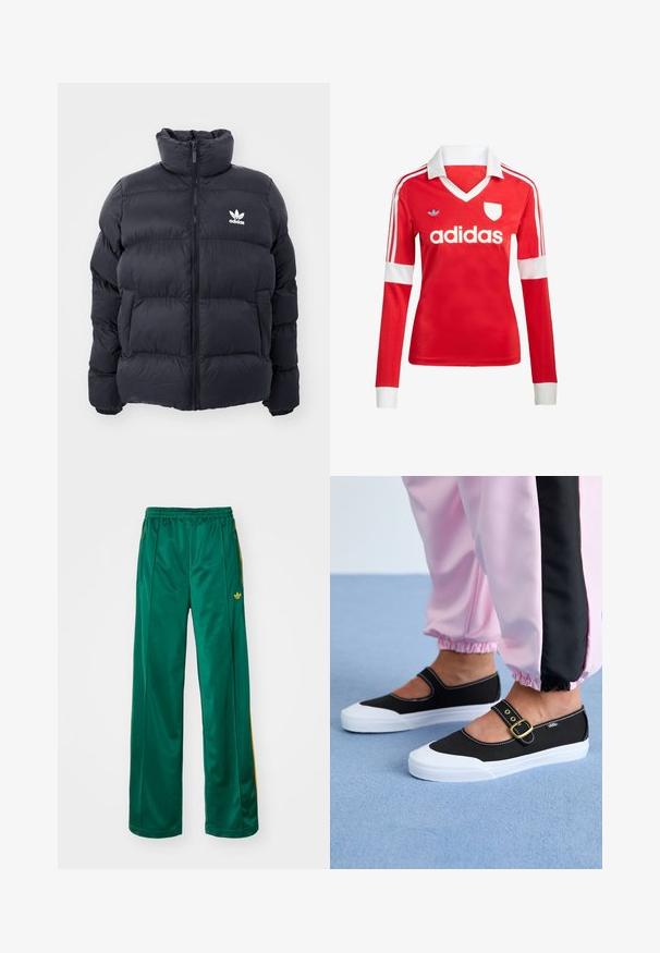 Marinblå puffjakke med høj krave, lynlås lukning og hvid Adidas-logo på brystet. Har syede paneler og en glat, blank overflade.; Rød langærmet fodboldtrøje med hvid krave og manchetter. Har tre hvide striber på skuldrene og "adidas" logoet fremtrædende vist.; Grønne satin atletikbukser med en afslappet pasform, der har gule stribeaccenter og et broderet logo på venstre side. Elastisk talje.; Sorte lærredssko med en hvid sål, der har et udskæringsdesign og et guldspænde. Bæret med lyserøde træningsbukser.
