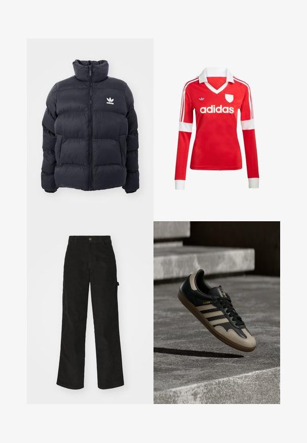 Marineblaues Puffer-Jackett mit hohem Kragen, Reißverschluss und weißem Adidas-Logo auf der Brust. Verfügt über gestickte Paneele und eine glatte, glänzende Textur.; Rotes Fußballtrikot mit langen Ärmeln, weißem Kragen und weißen Ärmelbündchen. Es hat drei weiße Streifen auf den Schultern und das "adidas"-Logo ist auffällig platziert.; Schwarze Cordhosen mit geradem Schnitt, ausgestattet mit einem Knopfverschluss und einer Seitenlasche. Glatte Textur mit feinen verticalen Streifen.; Schwarzer und beiger Ledersneaker mit drei weißen Streifen, tannengrüner Gummisohle und goldener "Samba"-Detailierung an der Seite.