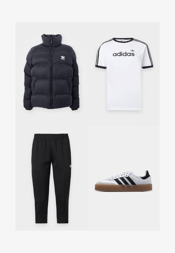 Marineblauwe pufferjack met hoge kraag, ritssluiting en wit Adidas-logo op de borst. Beschikt over gestikte panelen en een gladde, glanzende textuur.; Wit katoenen T-shirt met zwarte accenten, voorzien van een ronde hals, korte mouwen, drie zwarte strepen op de schouders en het "adidas"-logo in het zwart.; Zwarte taps toelopende joggingbroek met elastische tailleband en wit Adidas-logo op de bovenkant van de linker dij.; Witte leren sneakers met zwarte strepen, gumrubberen buitenzool, ronde neus, vetersluiting en een zachte grijze suède neuskap.