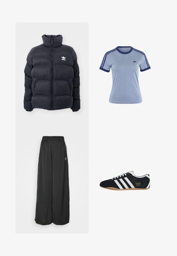 Morská prešívaná bunda s vysokým golierom, zipsom a bielym logom Adidas na hrudi. Obsahuje prešívané panely a hladkú, lesklú textúru.; Svetlomodré tričko Adidas s krátkym rukávom, tmavomodrým lemom na golieri a manžetách, tromi tmavomodrými pruhmi na pleciach a logom Adidas na hrudi.; Čierne široké tréningové nohavice vyrobené z hladkej látky. Obsahujú elastický pás a bočné pruhy s logom.; Čierne semišové tenisky s bielymi tromi pruhmi, zlatým logom a hnedou gumovou podrážkou. Disponujú nízkym šnurovacím dizajnom.