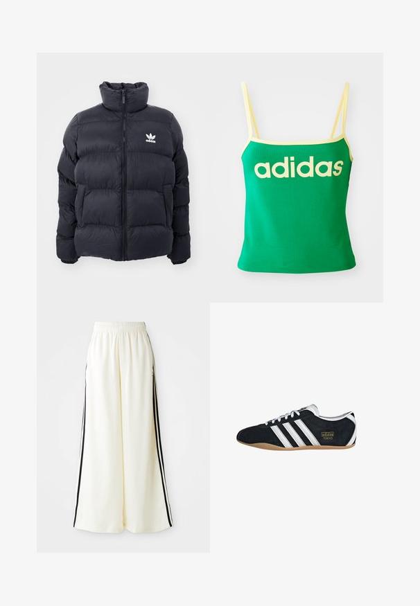 Marineblaues Puffer-Jackett mit hohem Kragen, Reißverschluss und weißem Adidas-Logo auf der Brust. Verfügt über gestickte Paneele und eine glatte, glänzende Textur.; Grünes Tanktop mit gelben Akzenten, aus dehnbarem Material. Lieferumfang: großes gelbes "adidas"-Logo auf der Vorderseite und dünne Träger.; Weiße weite Hosen mit elastischem Bund und schwarzen vertikalen Streifen an den äußeren Nähten.; Schwarze Wildledersneaker mit drei weißen Streifen, goldenem Logo und brauner Gummisohle. Merkmale ein niedrigprofiliertes Schnürdesign.