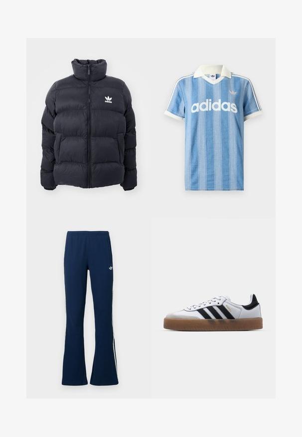 Morská prešívaná bunda s vysokým golierom, zipsom a bielym logom Adidas na hrudi. Obsahuje prešívané panely a hladkú, lesklú textúru.; Svetlomodré polokošeľa s krátkym rukávom s vertikálnymi pruhmi, bielymi akcentmi a výrazným bielym logom „adidas“ na prednej strane.; Tmavomodré rebrované zvonové športové nohavice s bielymi bočnými pruhmi a vyšitou logom na ľavej strane, s dvoma bočnými vreckami.; Biele kožené tenisky s čiernymi pruhmi, gumová podrážka, okrúhla špička, šnurovanie a mäkký sivý semišový špička.