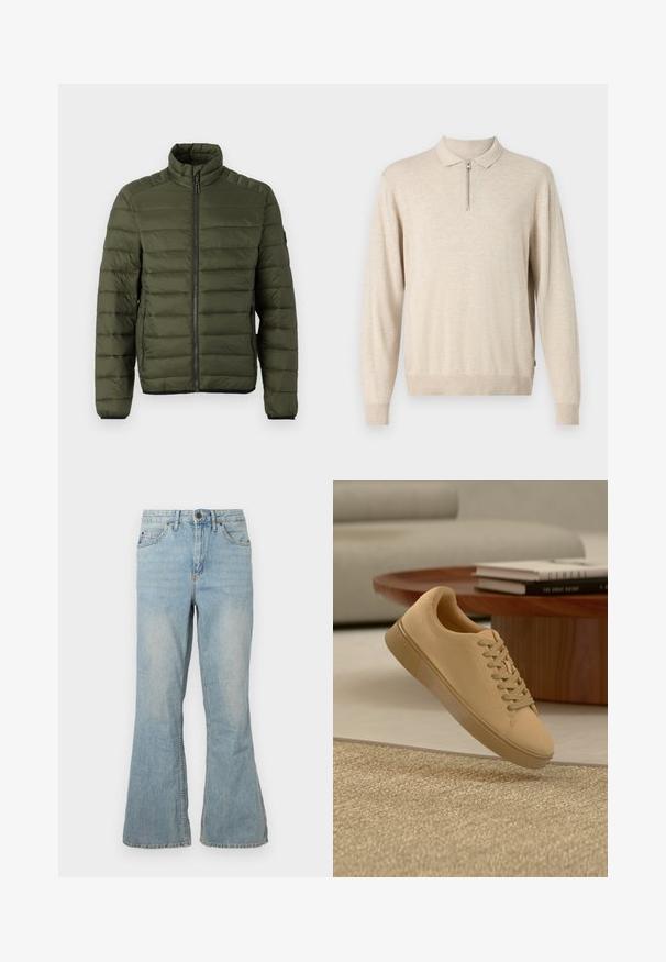 Chaqueta acolchada verde oliva con cuello alto, cremallera completa frontal y bolsillos laterales con cremallera, diseñada para proporcionar calor y un uso informal.; Suéter beige de manga larga con cuello tipo polo y cierre de cremallera. Hecho de material suave con puños y dobladillo acanalados.; Jeans de mezclilla azul claro de pitillo con cintura media, cinco bolsillos y costuras visibles. Presentan una textura suave y cierre de cremallera estándar.; Zapatilla beige con cordones flotando sobre una alfombra texturizada con una mesa de café de madera y libros apilados en un fondo desenfocado.