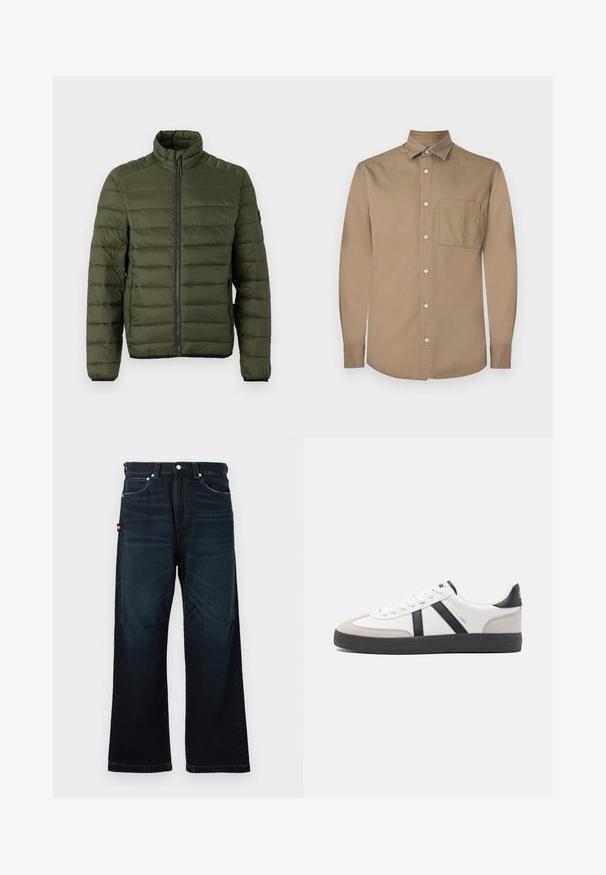 Chaqueta acolchada verde oliva con cuello alto, cremallera completa frontal y bolsillos laterales con cremallera, diseñada para proporcionar calor y un uso informal.; Camisa marrón de manga larga con botón en la parte delantera, cuello puntiagudo, un bolsillo en el pecho y textura de tela suave y mate.; Vaqueros rectos de color azul oscuro con diseño clásico de cinco bolsillos, trabillas para el cinturón y sutiles detalles desgastados en la parte frontal y las rodillas.; Zapatilla blanca con acentos en negro y gris, que presenta una puntera texturizada en gris, suela de goma negra y cordones planos blancos. Diseño limpio, estilo minimalista.