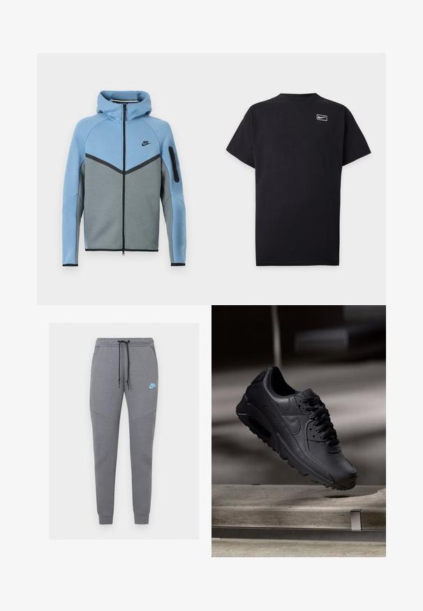 Μπουφάν με κουκούλα της Nike σε μπλε και γκρι χρώμα, με φερμουάρ στο μπροστινό μέρος, σχέδιο σε σχήμα βέλους και τσέπη με φερμουάρ στο μανίκι.; Μαύρο κοντομάνικο T-shirt της Nike με μικρό λευκό λογότυπο Nike swoosh μέσα σε ορθογώνιο περίγραμμα στο αριστερό στήθος.; Γκρι φόρμα Nike με μαύρο κορδόνι, ελαστική μέση, στενά μπατζάκια και ανοιχτό μπλε λογότυπο Nike στο αριστερό μηρό.; Μαύρα αθλητικά παπούτσια Nike Air Max με επάνω μέρος από υφασμάτινο δέρμα, καουτσούκ σόλα και έντονο σύστημα κορδονιών, που δείχνουν έναν κομψό και μοντέρνο σχεδιασμό.