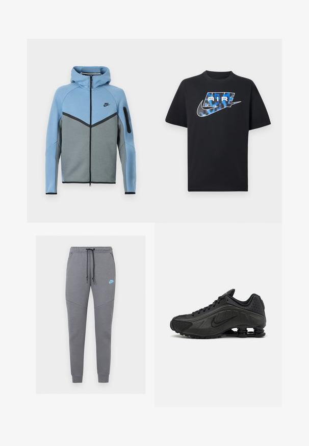 Μπουφάν με κουκούλα της Nike σε μπλε και γκρι χρώμα, με φερμουάρ στο μπροστινό μέρος, σχέδιο σε σχήμα βέλους και τσέπη με φερμουάρ στο μανίκι.; Μαύρο κοντομάνικο μπλουζάκι με μπλε και λευκό στιλιζαρισμένο κείμενο "AIR" και το λογότυπο Nike Swoosh στο στήθος.; Γκρι φόρμα Nike με μαύρο κορδόνι, ελαστική μέση, στενά μπατζάκια και ανοιχτό μπλε λογότυπο Nike στο αριστερό μηρό.; Μαύρα αθλητικά παπούτσια με λείο συνθετικό άνω μέρος, διάτρητες λεπτομέρειες, υφή στις πλευρές και ξεχωριστή ελαστική σόλα.