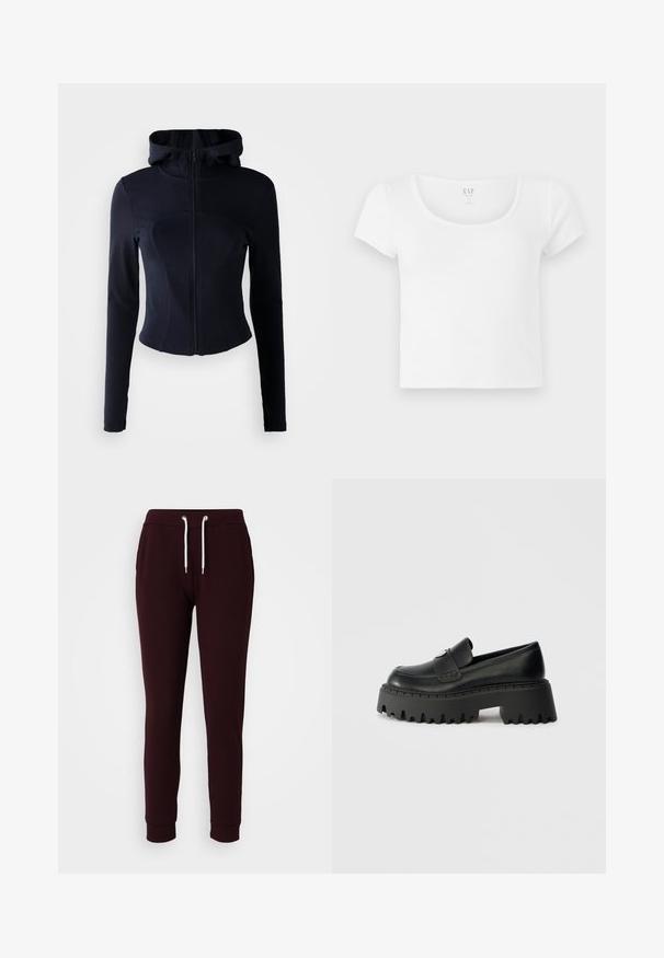 Mørkeblå zip-up hættetrøje med en tætsiddende design, lange ærmer og høj krave. Glat, strækbart stof med sømdetaljer.; Hvid kortærmet cropped t-shirt lavet af blødt bomuld, med rund halsudskæring og et enkelt design uden mønstre eller detaljer.; Bordeaux sweatpants lavet af en bomuldsblanding, med elastisk taljebånd og snøring, to sidelommer og smalle ribkanter.; Sort læderloafer med en tyk, klodset gummisål, der har en tandet kant og en enkelt dekorativ hardwaredetalje på overdelen.